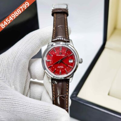Grand Seiko Mechanical Hi-Beat 36000 GMT Steel Red Dial Leather Strap Swiss ETA Automatic Watch