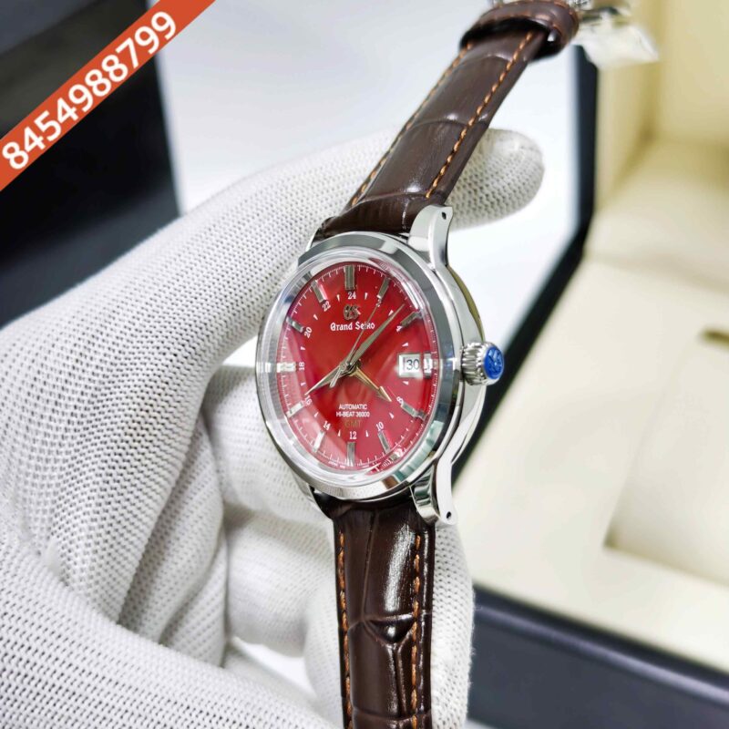 Grand Seiko Mechanical Hi-Beat 36000 GMT Steel Red Dial Leather Strap Swiss ETA Automatic Watch - Image 2