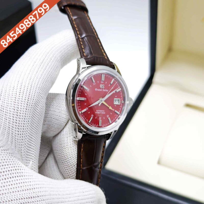 Grand Seiko Mechanical Hi-Beat 36000 GMT Steel Red Dial Leather Strap Swiss ETA Automatic Watch - Image 3