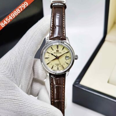 Grand Seiko Mechanical Hi-Beat 36000 GMT Steel deep ivory Dial Leather Strap Swiss ETA Automatic Watch