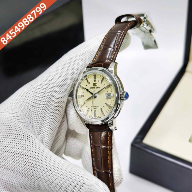 Grand Seiko Mechanical Hi-Beat 36000 GMT Steel deep ivory Dial Leather Strap Swiss ETA Automatic Watch - Image 2