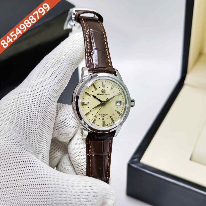 Grand Seiko Mechanical Hi-Beat 36000 GMT Steel deep ivory Dial Leather Strap Swiss ETA Automatic Watch - Image 3