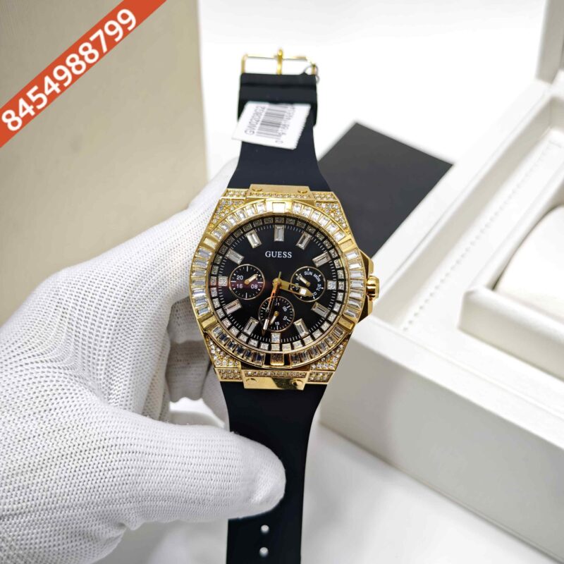 Guess Chronograph Full Diamond Bazel Gold Black Dial Black Rubber Strap Store Quality Swiss Watch