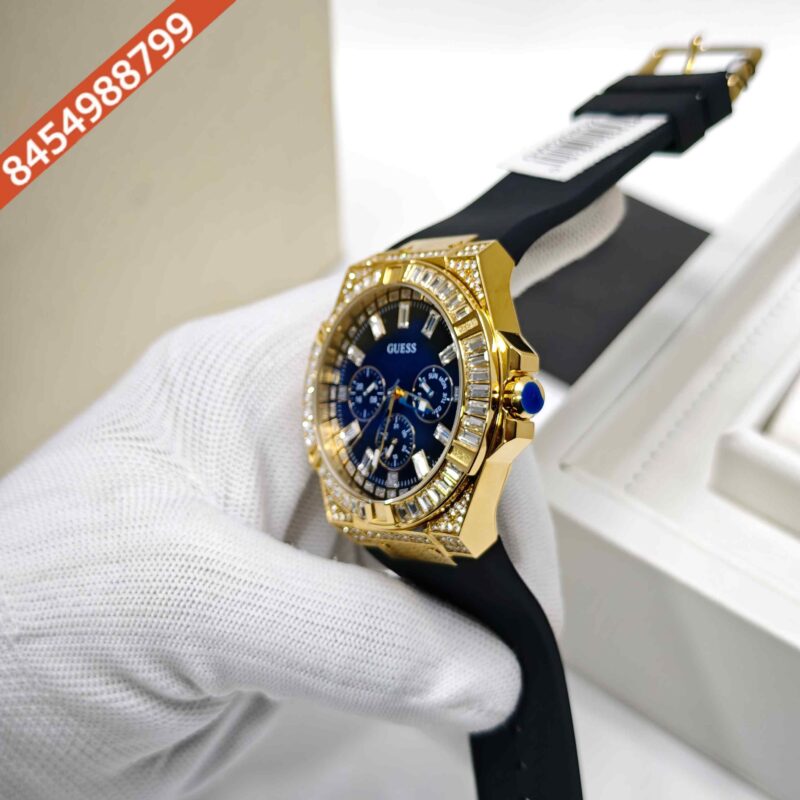 Guess Chronograph Full Diamond Bazel Gold Black Dial Black Rubber Strap Store Quality Swiss Watch - Image 2