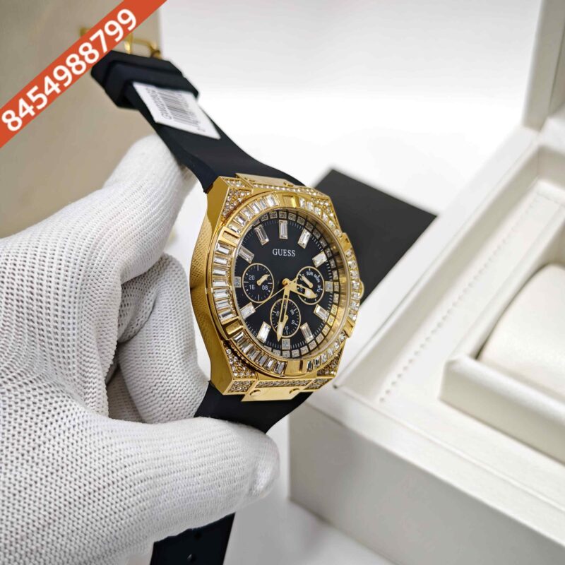 Guess Chronograph Full Diamond Bazel Gold Black Dial Black Rubber Strap Store Quality Swiss Watch - Image 3