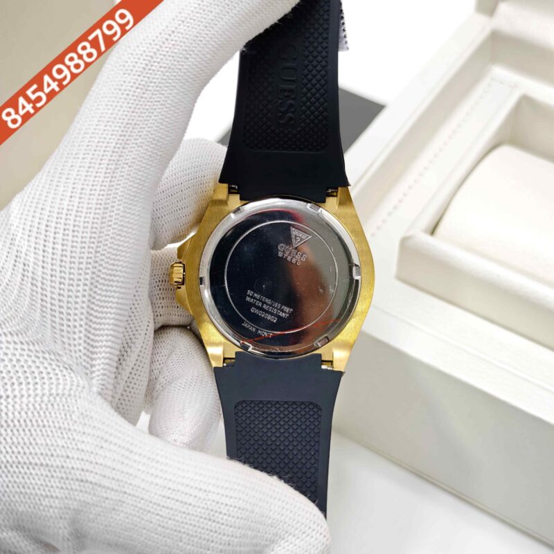 Guess Chronograph Full Diamond Bazel Gold Black Dial Black Rubber Strap Store Quality Swiss Watch - Image 4