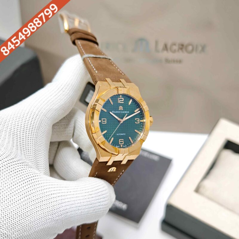 Maurice Lacroix Aikon Venturer Gold Green Dial Brown Leather Strap Swiss Automatic Watch - Image 3