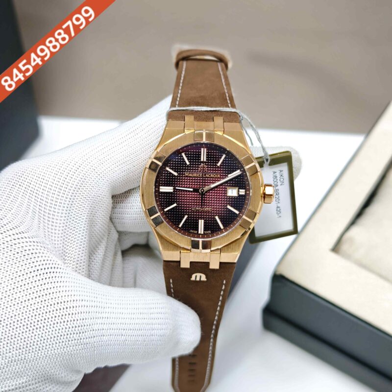Maurice Lacroix Aikon Venturer Gold Maroon Dial Brown Leather Strap Swiss Automatic Watch