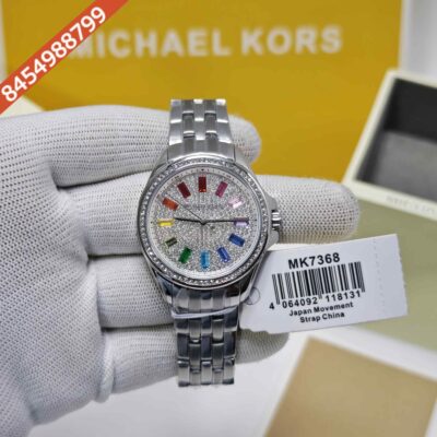 Michael Kors MK7368 Pilot Baguette Crystal Glitz Rainbow Silver Diamond Swiss Watch