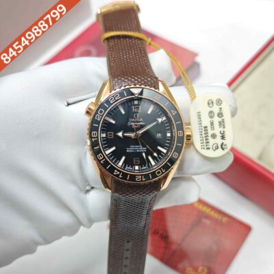 Omega - Seamaster Planet Ocean GMT Rose Gold Black Dial Brown Leather Strap Swiss ETA Automatic Watch