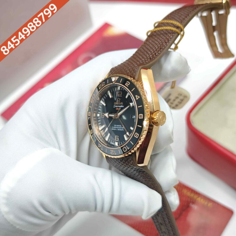 Omega - Seamaster Planet Ocean GMT Rose Gold Black Dial Brown Leather Strap Swiss ETA Automatic Watch - Image 2