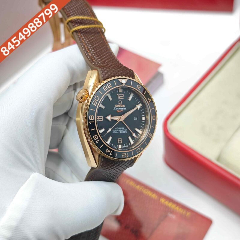 Omega - Seamaster Planet Ocean GMT Rose Gold Black Dial Brown Leather Strap Swiss ETA Automatic Watch - Image 3