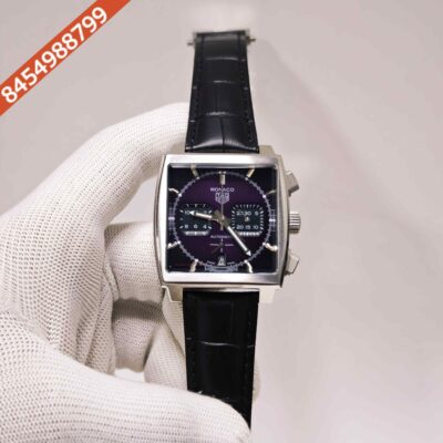 TAG Heuer Monaco Steel Purple Dial Black Leather Strap Swiss Automatic Watch
