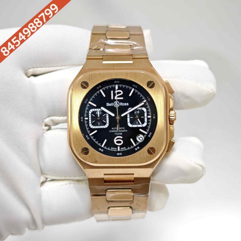 Bell & Ross BR-05 Chronograph Rose Gold Black Dial Steel Strap Swiss Watch
