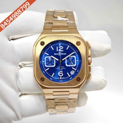 Bell & Ross BR-05 Chronograph Rose Gold Blue Dial Steel Strap Swiss Watch