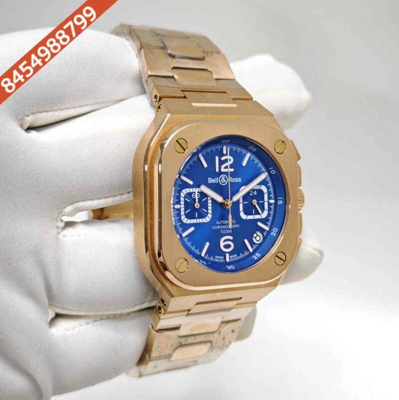 Bell & Ross BR-05 Chronograph Rose Gold Blue Dial Steel Strap Swiss Watch - Image 3