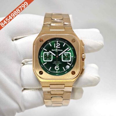 Bell & Ross BR-05 Chronograph Rose Gold Green Dial Steel Strap Swiss Watch