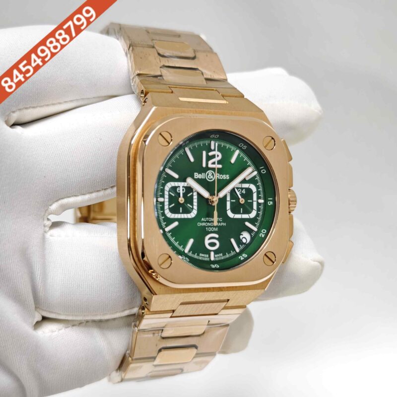 Bell & Ross BR-05 Chronograph Rose Gold Green Dial Steel Strap Swiss Watch - Image 3