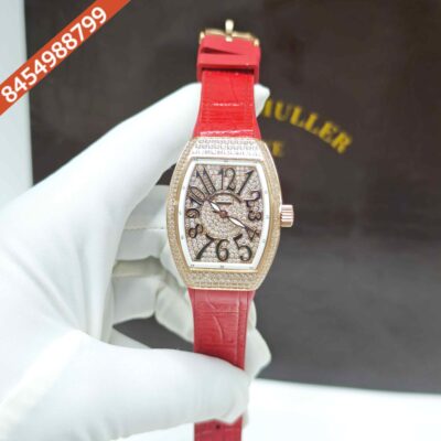 Franck Muller 18k Rose Gold Vanguard Diamond White Dial Leather Strap Swiss Automatic Watch