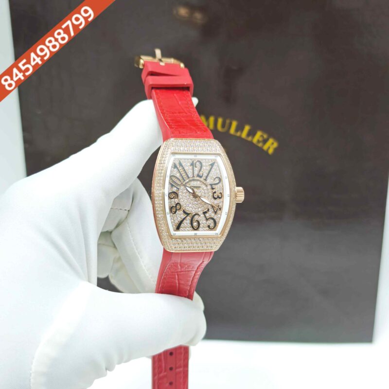 Franck Muller 18k Rose Gold Vanguard Diamond White Dial Leather Strap Swiss Automatic Watch - Image 3