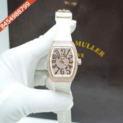 Franck Muller 18k Rose Gold Vanguard Diamond White Dial White Leather Strap Swiss Automatic Watch