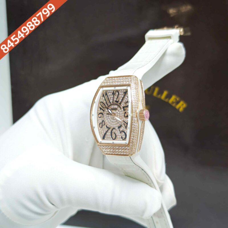 Franck Muller 18k Rose Gold Vanguard Diamond White Dial White Leather Strap Swiss Automatic Watch - Image 2