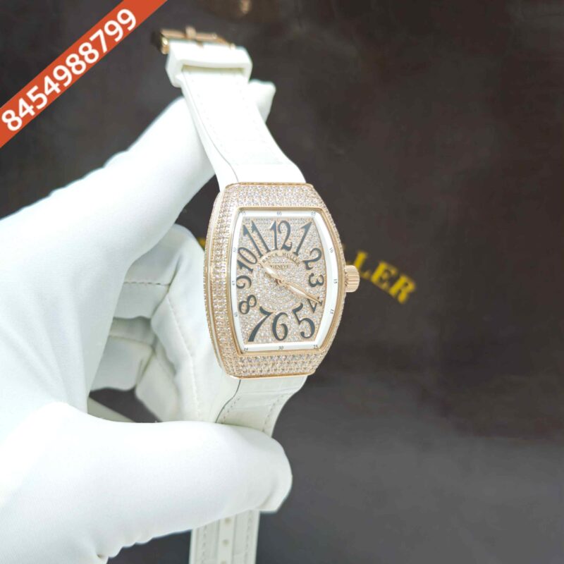 Franck Muller 18k Rose Gold Vanguard Diamond White Dial White Leather Strap Swiss Automatic Watch - Image 3