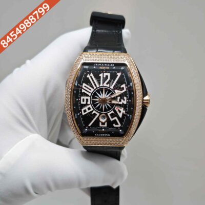 Franck Muller Vanguard Yachting Diamond Case  Black Dial Leather Strap Swiss Automatic Watch
