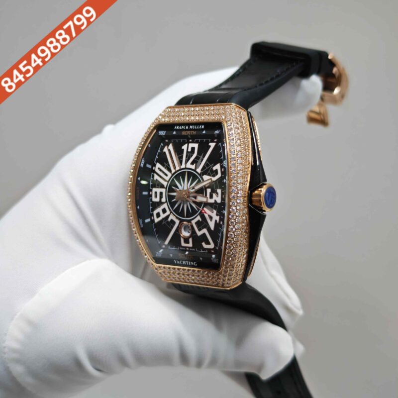 Franck Muller Vanguard Yachting Diamond Case  Black Dial Leather Strap Swiss Automatic Watch - Image 2