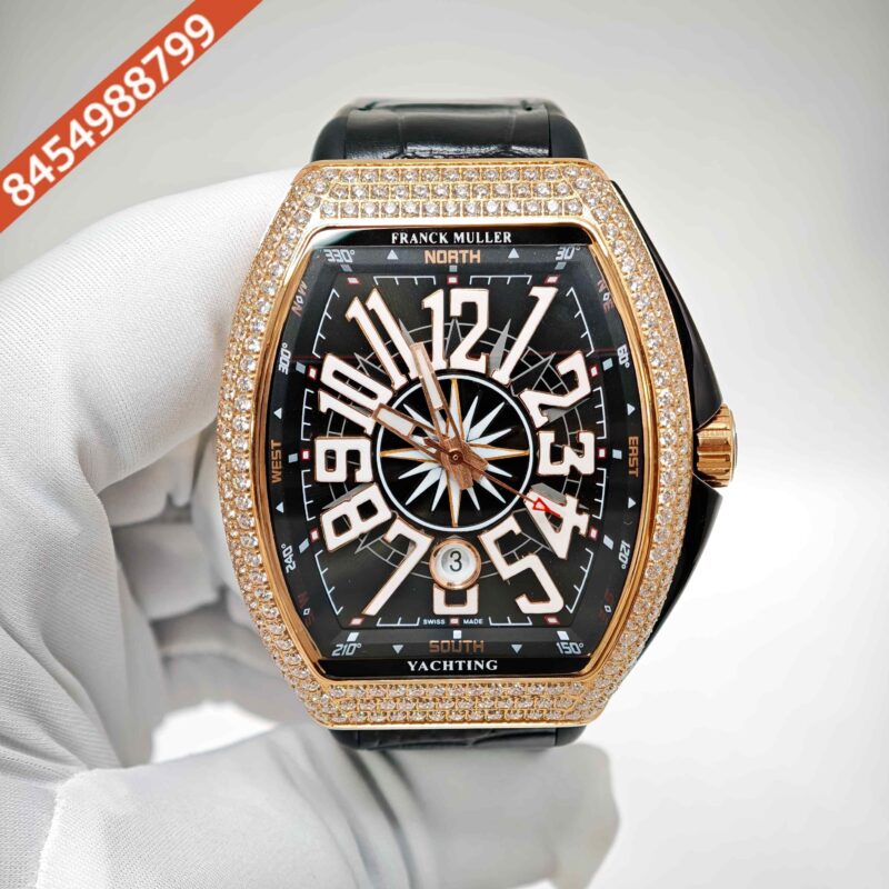 Franck Muller Vanguard Yachting Diamond Case  Black Dial Leather Strap Swiss Automatic Watch - Image 4
