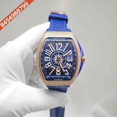 Franck Muller Vanguard Yachting Diamond Case Blue Dial Leather Strap Swiss Automatic Watch