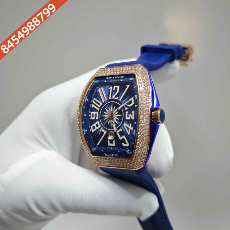 Franck Muller Vanguard Yachting Diamond Case Blue Dial Leather Strap Swiss Automatic Watch - Image 2