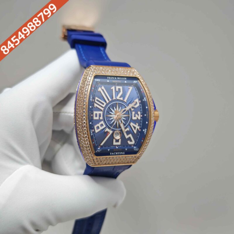 Franck Muller Vanguard Yachting Diamond Case Blue Dial Leather Strap Swiss Automatic Watch - Image 3