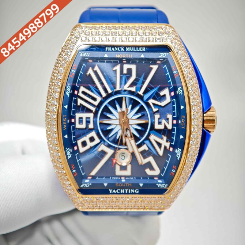 Franck Muller Vanguard Yachting Diamond Case Blue Dial Leather Strap Swiss Automatic Watch - Image 4
