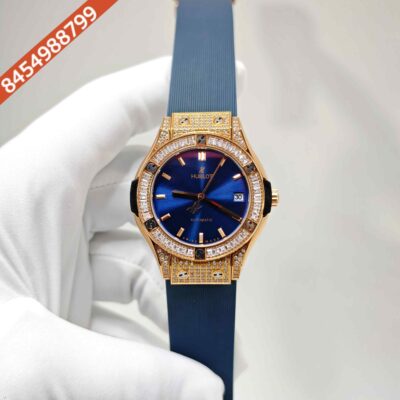 Hublot Classic Fusion Golden Diamond Case Full Blue Dial Rubber Strap Swiss Automatic Watch