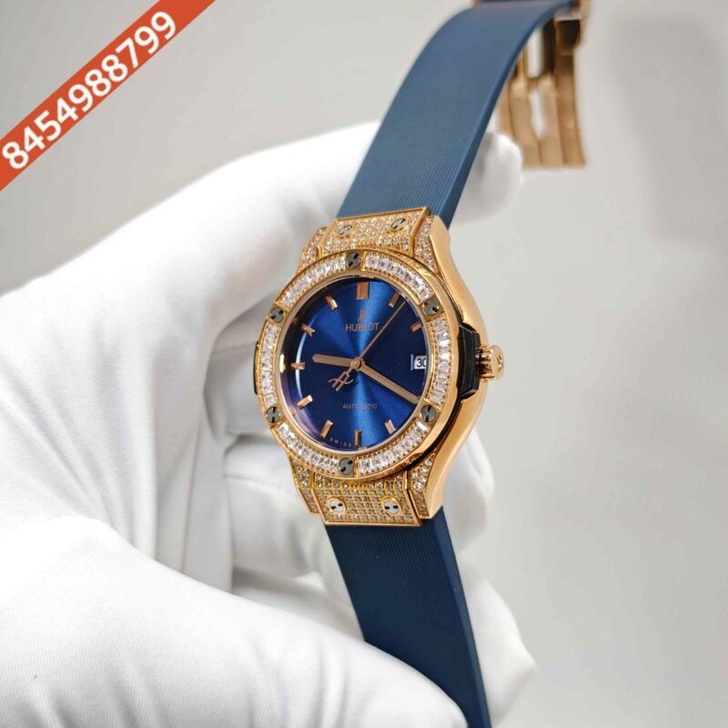 Hublot Classic Fusion Golden Diamond Case Full Blue Dial Rubber Strap Swiss Automatic Watch - Image 2