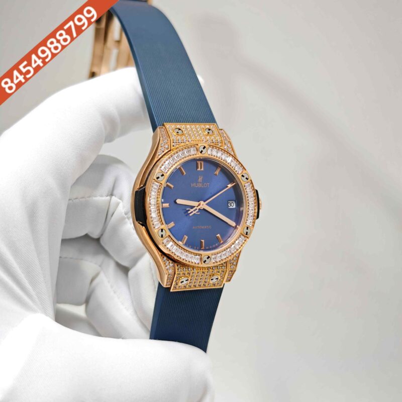 Hublot Classic Fusion Golden Diamond Case Full Blue Dial Rubber Strap Swiss Automatic Watch - Image 3