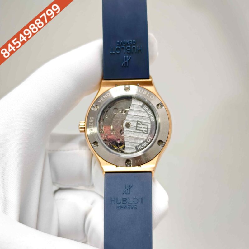 Hublot Classic Fusion Golden Diamond Case Full Blue Dial Rubber Strap Swiss Automatic Watch - Image 4