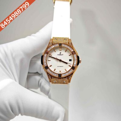 Hublot Classic Fusion Golden Diamond Case Full White Dial Rubber Strap Swiss Automatic Watch