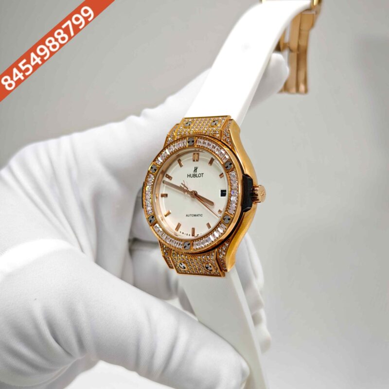 Hublot Classic Fusion Golden Diamond Case Full White Dial Rubber Strap Swiss Automatic Watch - Image 2
