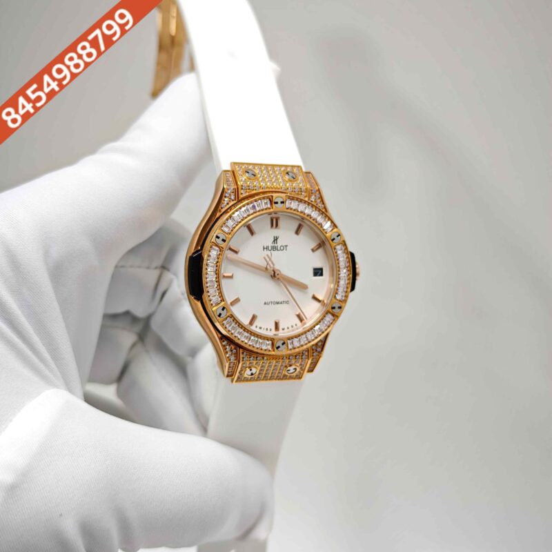 Hublot Classic Fusion Golden Diamond Case Full White Dial Rubber Strap Swiss Automatic Watch - Image 3