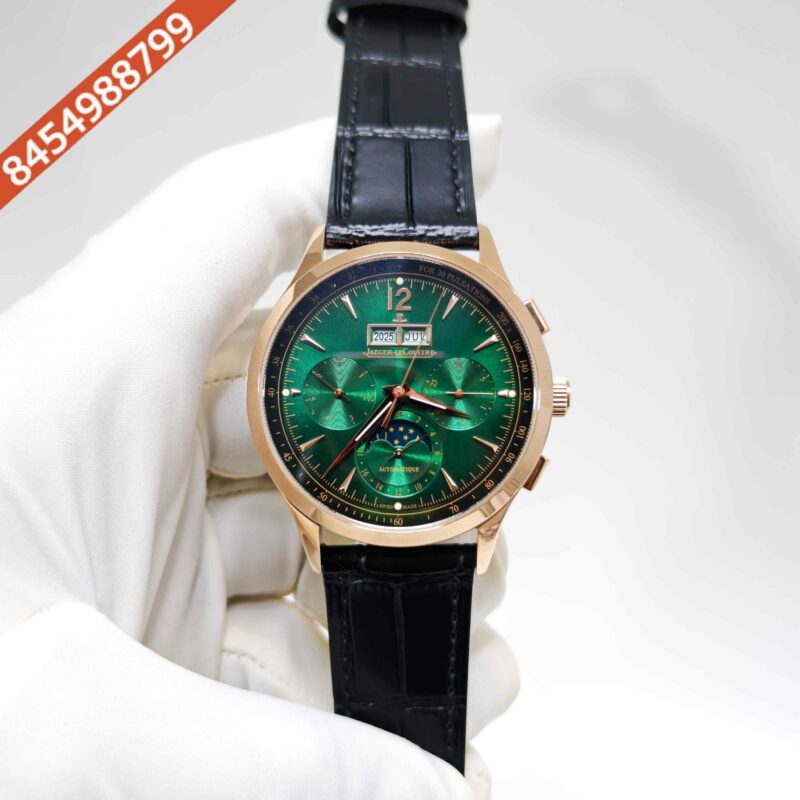 Jaeger-LeCoultre Master Control Chronograph Rose Gold Green Dial Black Leather Strap Swiss Automatic Watch