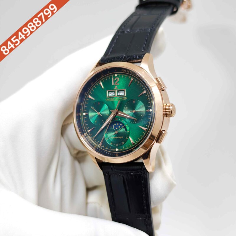Jaeger-LeCoultre Master Control Chronograph Rose Gold Green Dial Black Leather Strap Swiss Automatic Watch - Image 2