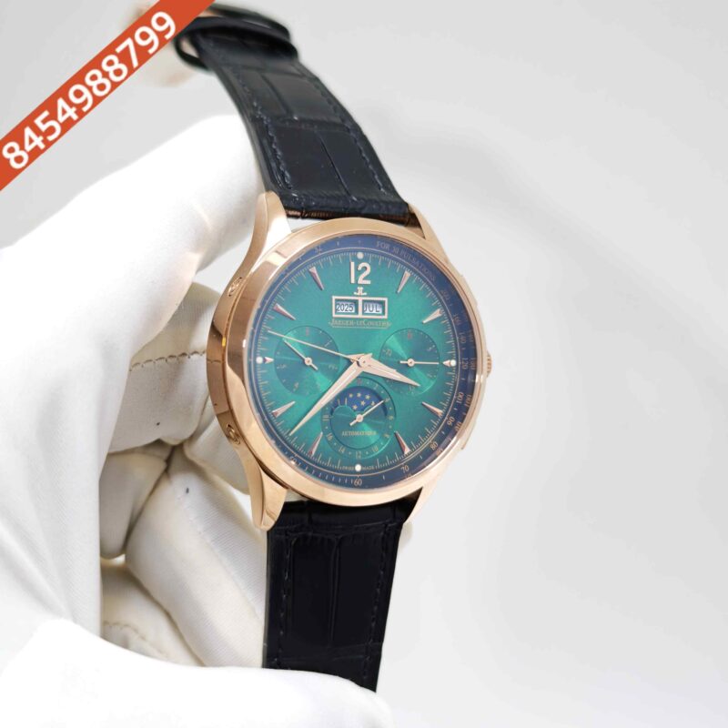 Jaeger-LeCoultre Master Control Chronograph Rose Gold Green Dial Black Leather Strap Swiss Automatic Watch - Image 3