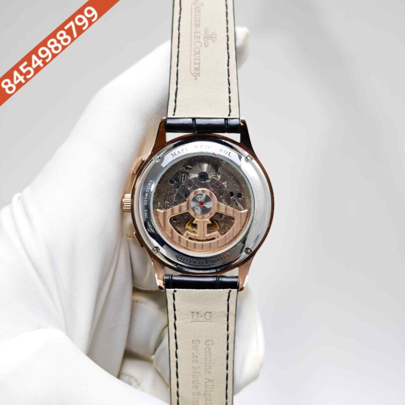 Jaeger-LeCoultre Master Control Chronograph Rose Gold Green Dial Black Leather Strap Swiss Automatic Watch - Image 4