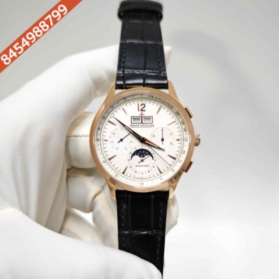 Jaeger-LeCoultre Master Control Chronograph Rose Gold White Dial Black Leather Strap Swiss Automatic Watch