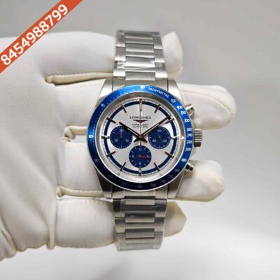 Longines Conquest Blue Chronograph Steel White Dial Blue Bazel Swiss Automatc Watch