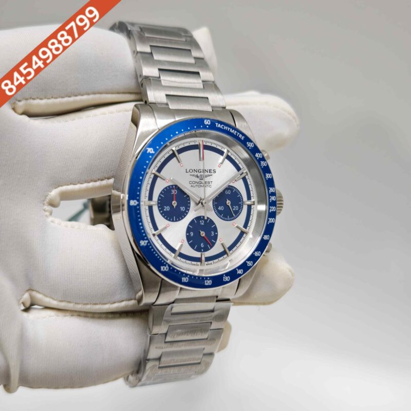 Longines Conquest Blue Chronograph Steel White Dial Blue Bazel Swiss Automatc Watch - Image 3