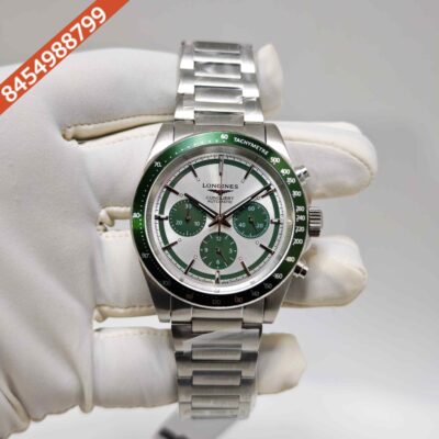 Longines Conquest Green Chronograph Steel White Dial Green Bazel Swiss Automatc Watch
