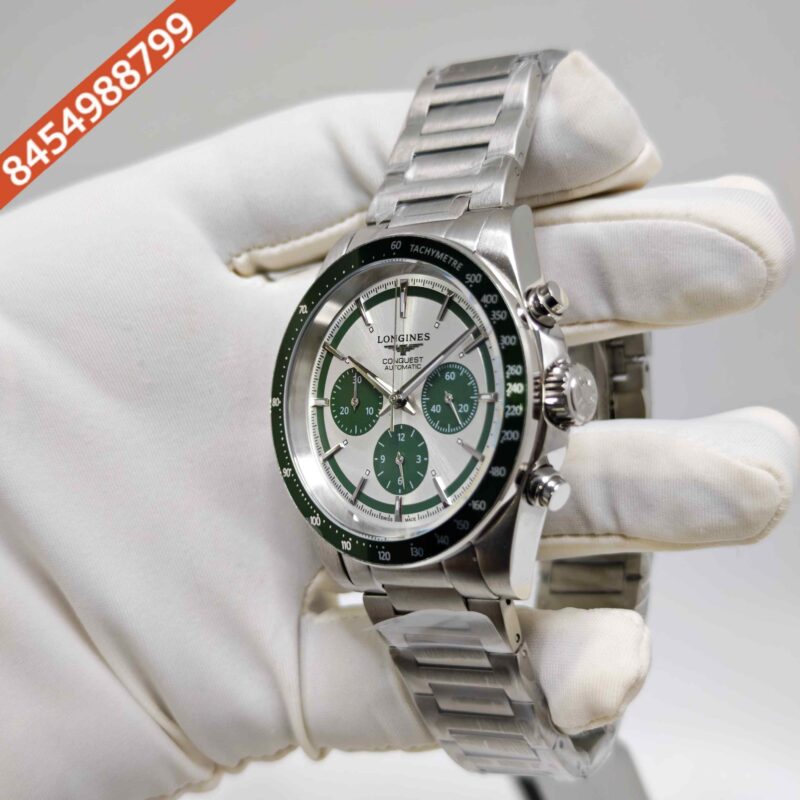 Longines Conquest Green Chronograph Steel White Dial Green Bazel Swiss Automatc Watch - Image 2